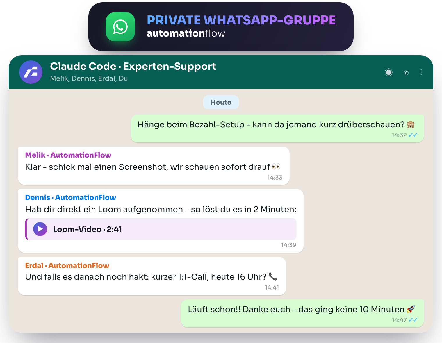 Private WhatsApp-Gruppe mit 3 Experten