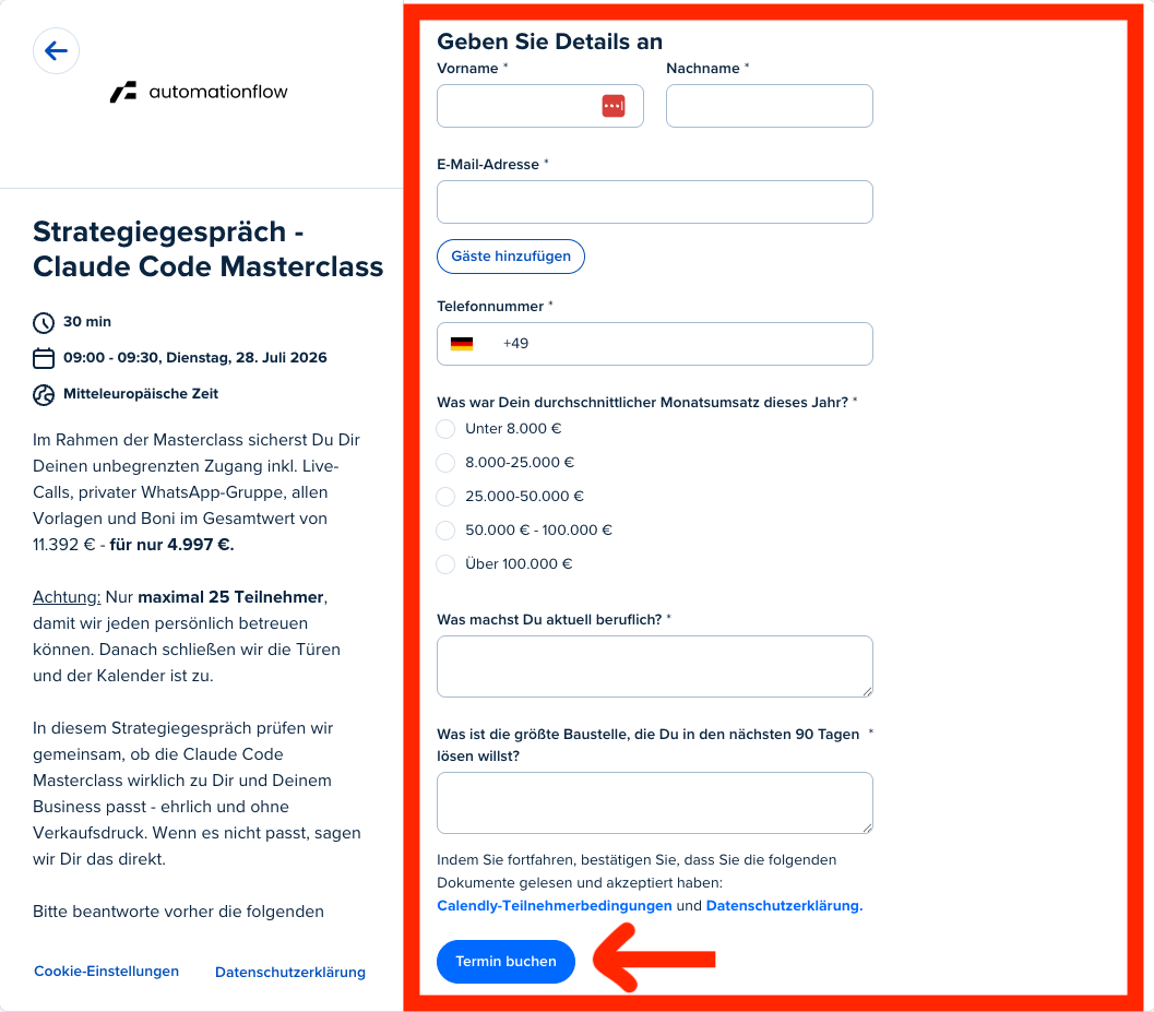 Buchungsformular - Daten eintragen und Termin buchen